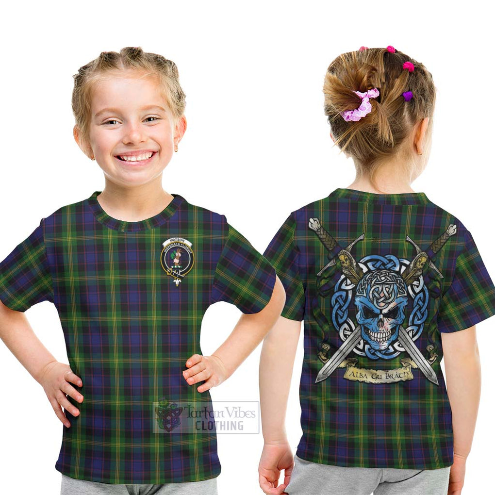 Tartan Vibes Clothing Watson Tartan Kid T-Shirt with Family Crest Celtic Skull Style