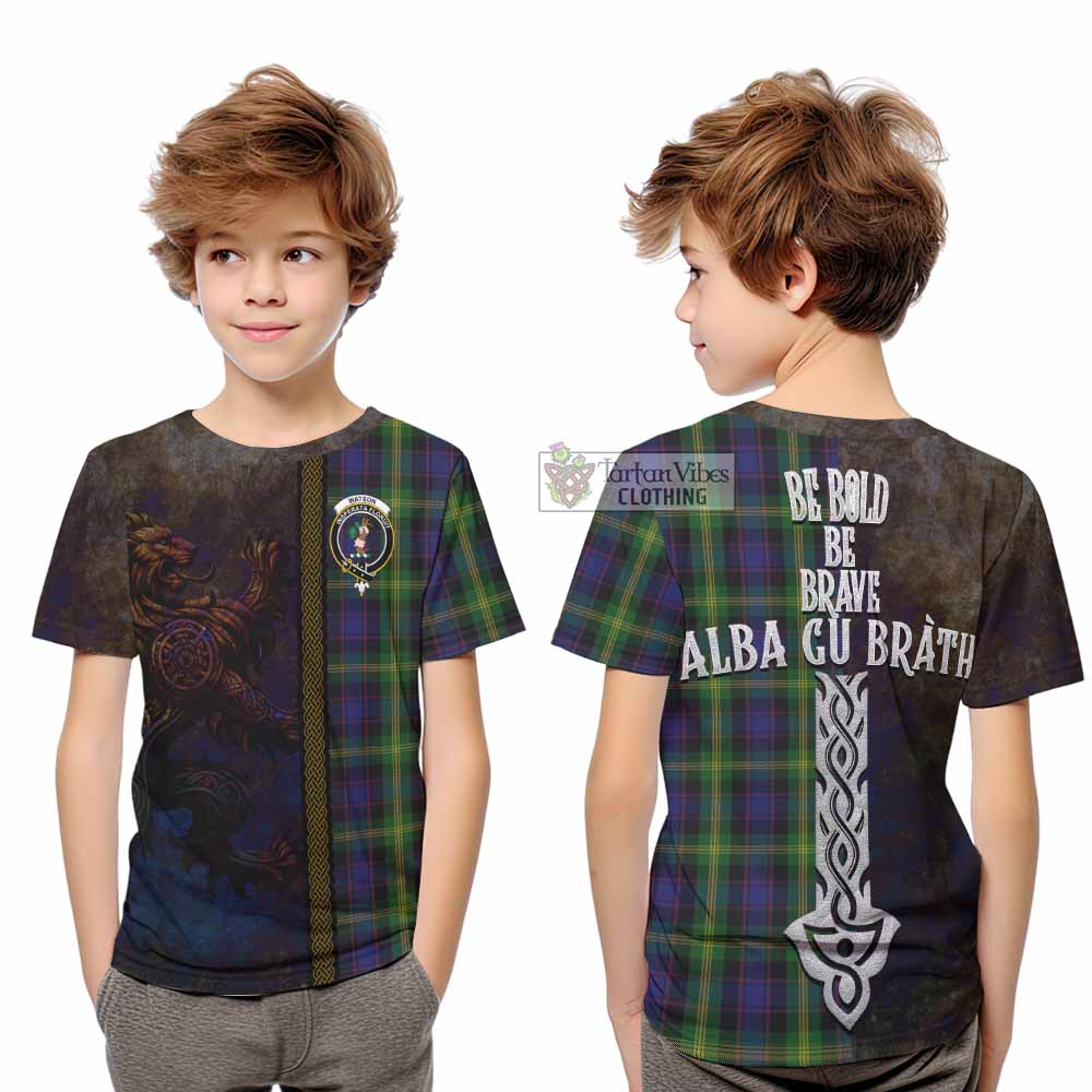 Tartan Vibes Clothing Watson Tartan Family Crest Kid T-Shirt Alba Gu Brath Be Brave Lion Ancient Style