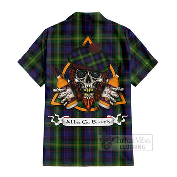 Tartan Vibes Clothing Watson Tartan Short Sleeve Button Shirt with Family Crest and Bearded Skull Holding Bottles of Whiskey