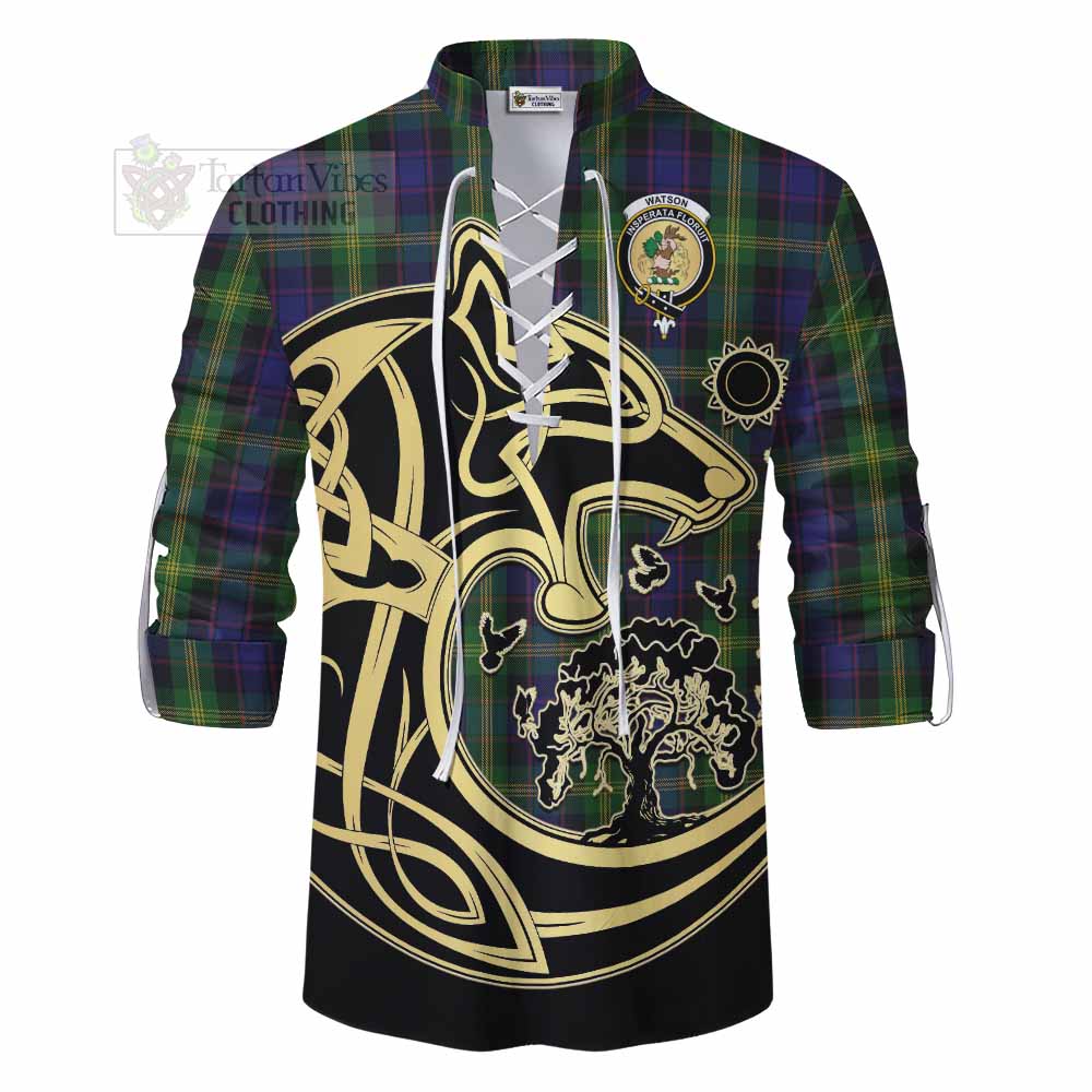 Tartan Vibes Clothing Watson Tartan Ghillie Kilt Shirt with Family Crest Celtic Wolf Style