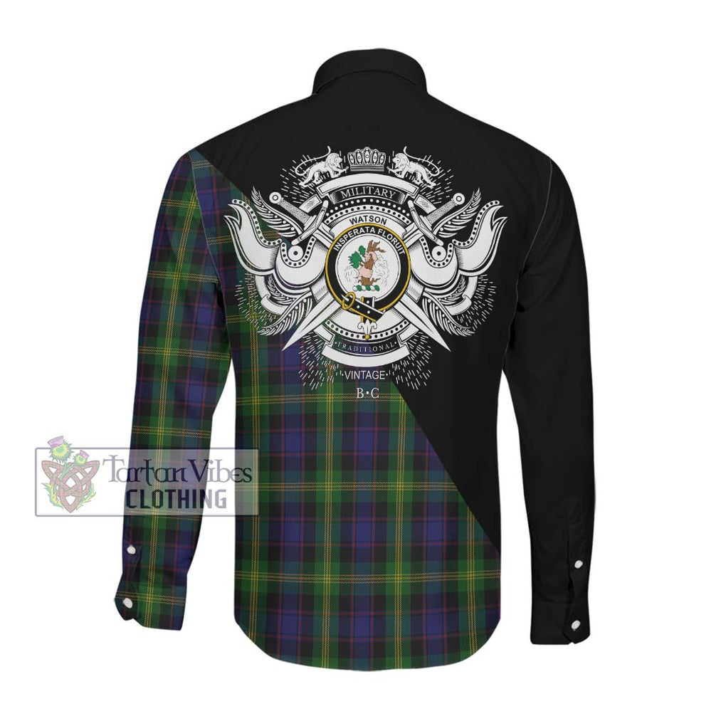Watson Tartan Long Sleeve Button Shirt with Family Crest and Military Logo Style Men's Shirt - Tartanvibesclothing Shop