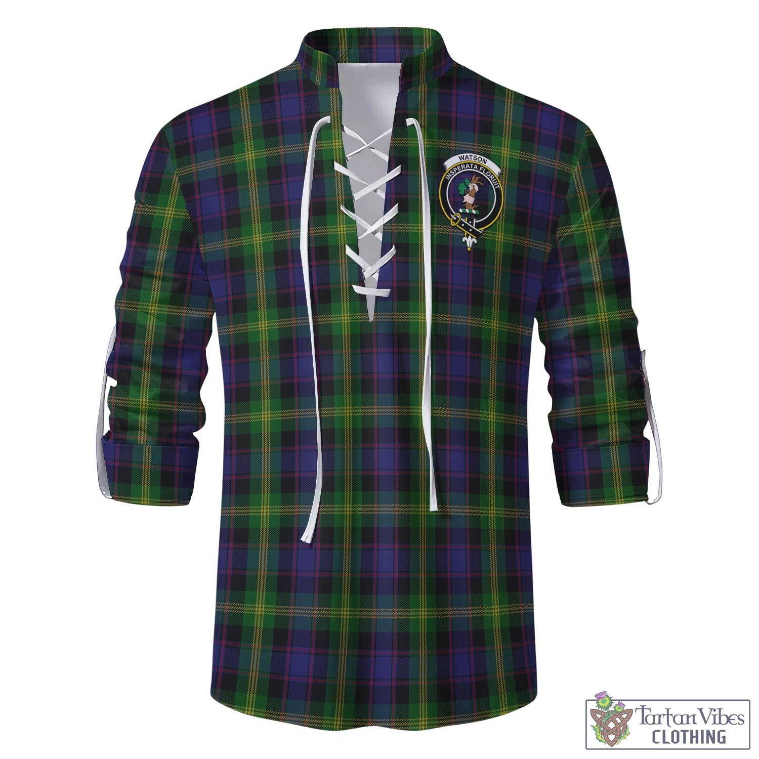 Tartan Vibes Clothing Watson Tartan Men's Scottish Traditional Jacobite Ghillie Kilt Shirt with Family Crest