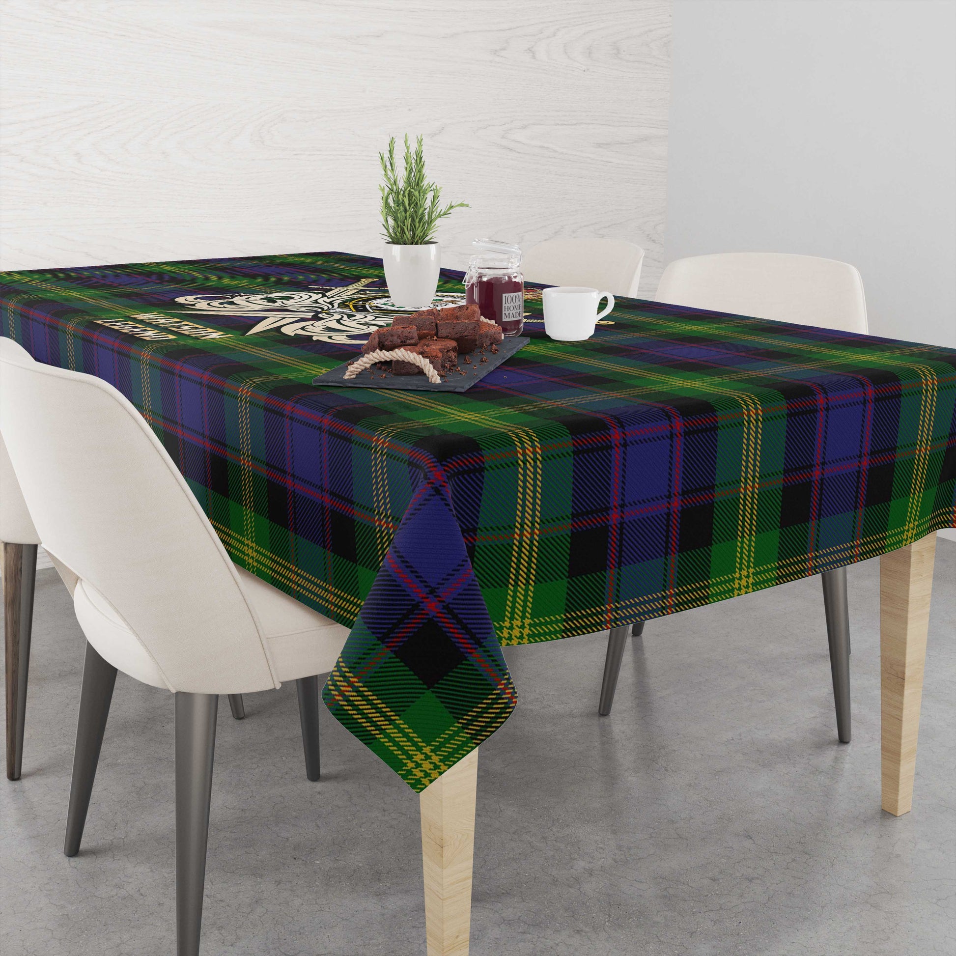 Tartan Vibes Clothing Watson Tartan Tablecloth with Clan Crest and the Golden Sword of Courageous Legacy