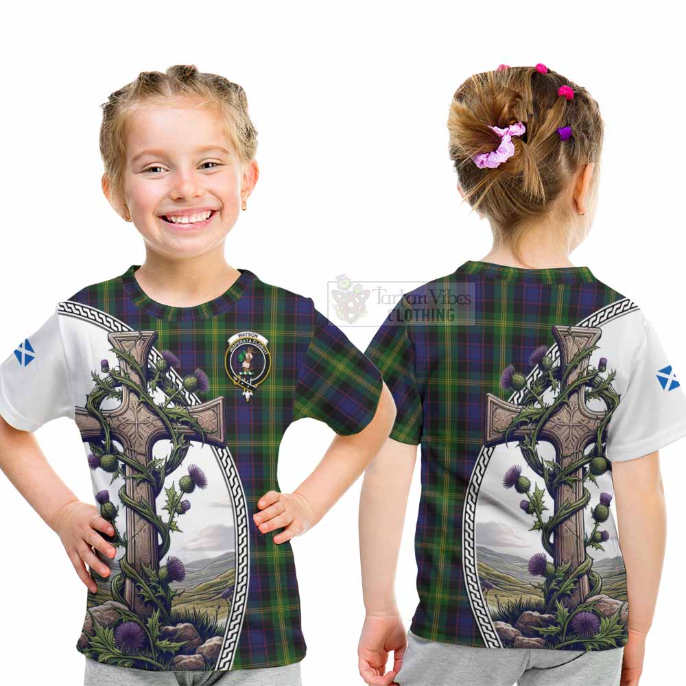 Tartan Vibes Clothing Watson Tartan Kid T-Shirt with Family Crest and St. Andrew's Cross Accented by Thistle Vines