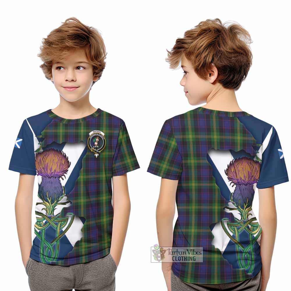 Tartan Vibes Clothing Watson Tartan Family Crest Kid T-Shirt Scottish Thistle Celtic Inspired