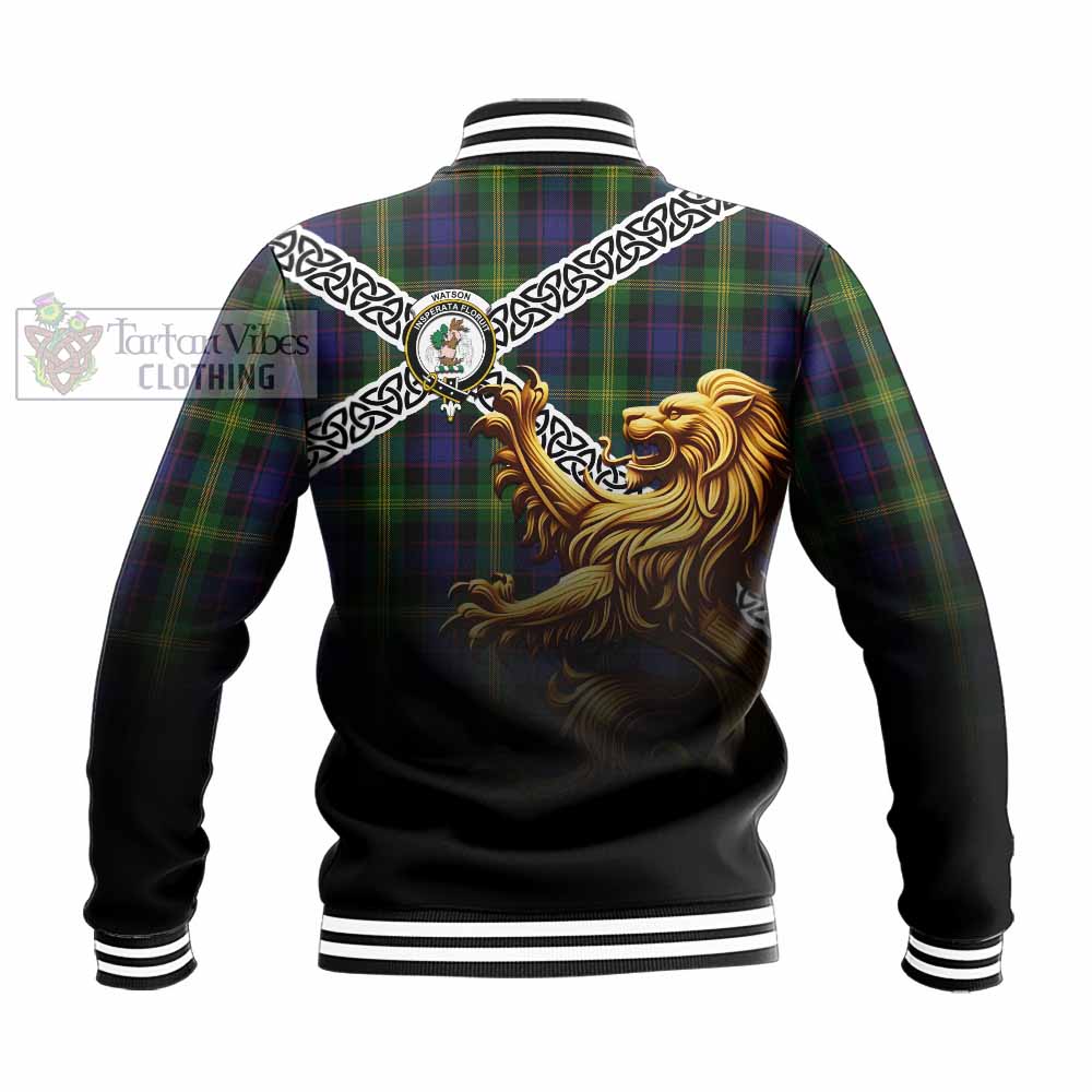 Tartan Vibes Clothing Watson Crest Tartan Baseball Jacket with Golden Lion Emblem Celtic Style