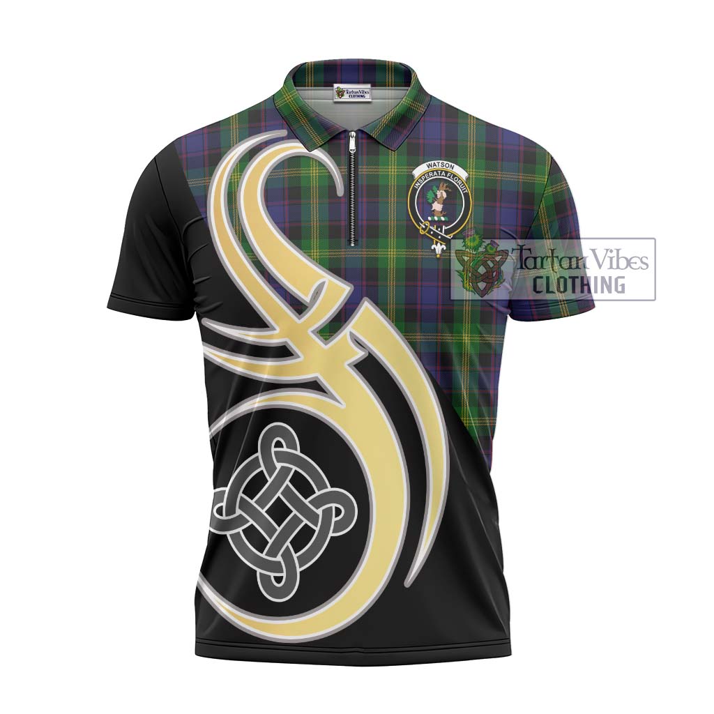 Tartan Vibes Clothing Watson Tartan Zipper Polo Shirt with Family Crest and Celtic Symbol Style
