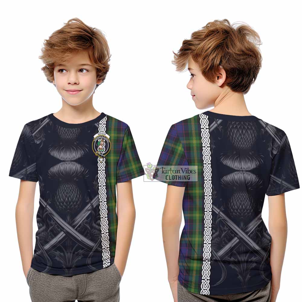 Tartan Vibes Clothing Watson Tartan Kid T-Shirt with Family Crest Cross Sword Thistle Celtic Vibes
