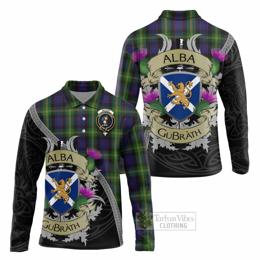Tartan Vibes Clothing Watson Tartan Family Crest Long Sleeve Polo Shirt Lion Rampant Royal Thistle Shield Celtic Inspired