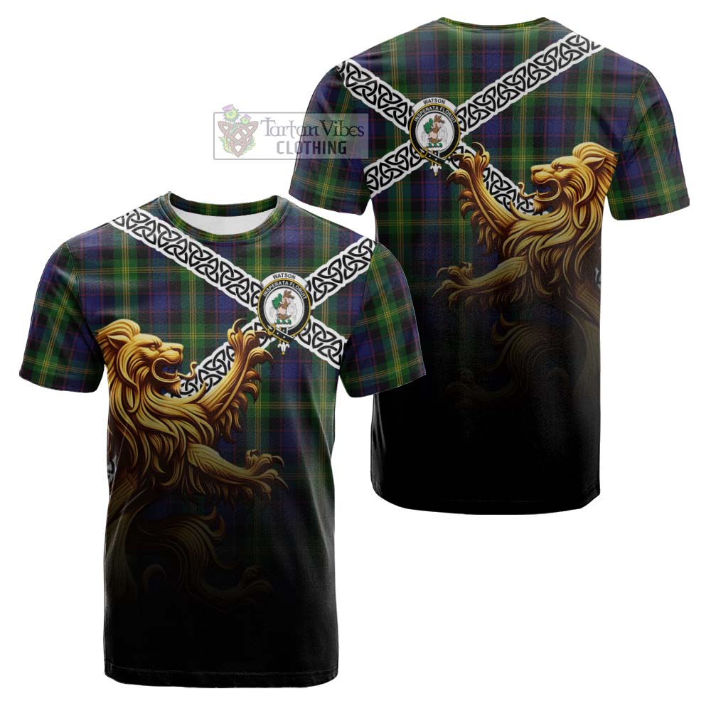 Tartan Vibes Clothing Watson Crest Tartan Cotton T-shirt with Golden Lion Emblem Celtic Style
