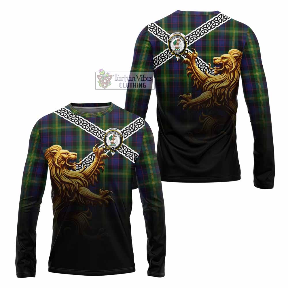 Tartan Vibes Clothing Watson Crest Tartan Long Sleeve T-Shirt with Golden Lion Emblem Celtic Style