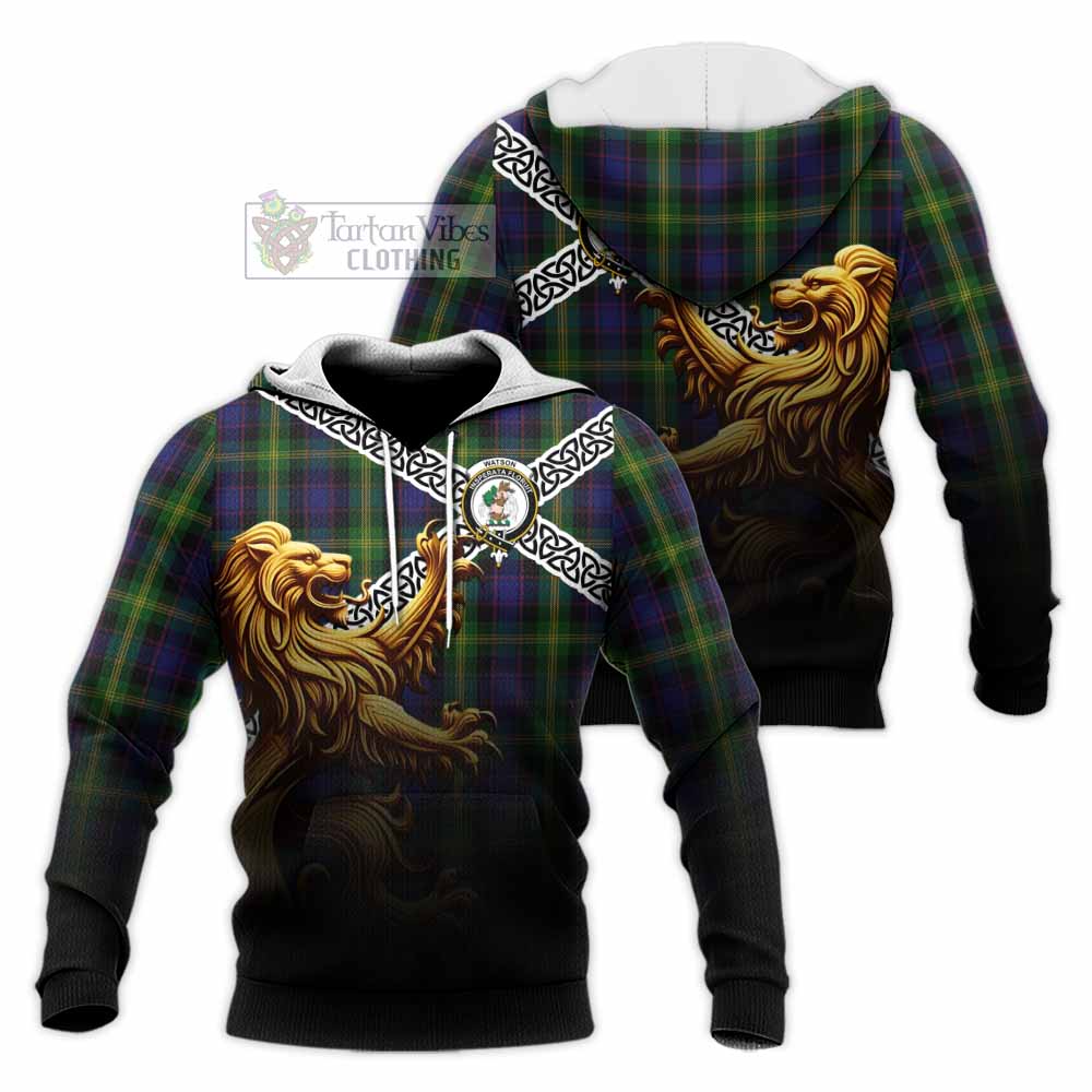 Tartan Vibes Clothing Watson Crest Tartan Knitted Hoodie with Golden Lion Emblem Celtic Style