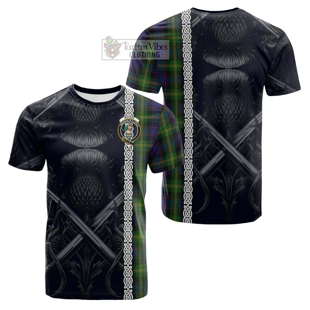 Tartan Vibes Clothing Watson Tartan Cotton T-shirt with Family Crest Cross Sword Thistle Celtic Vibes