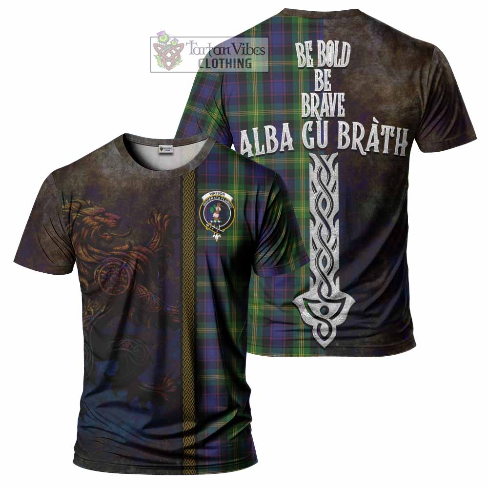 Tartan Vibes Clothing Watson Tartan Family Crest T-Shirt Alba Gu Brath Be Brave Lion Ancient Style
