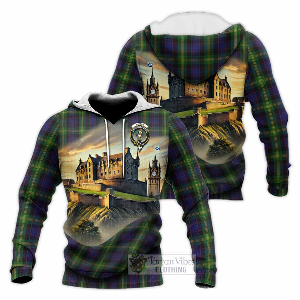 Tartan Vibes Clothing Watson Tartan Family Crest Knitted Hoodie with Scottish Ancient Castle Style
