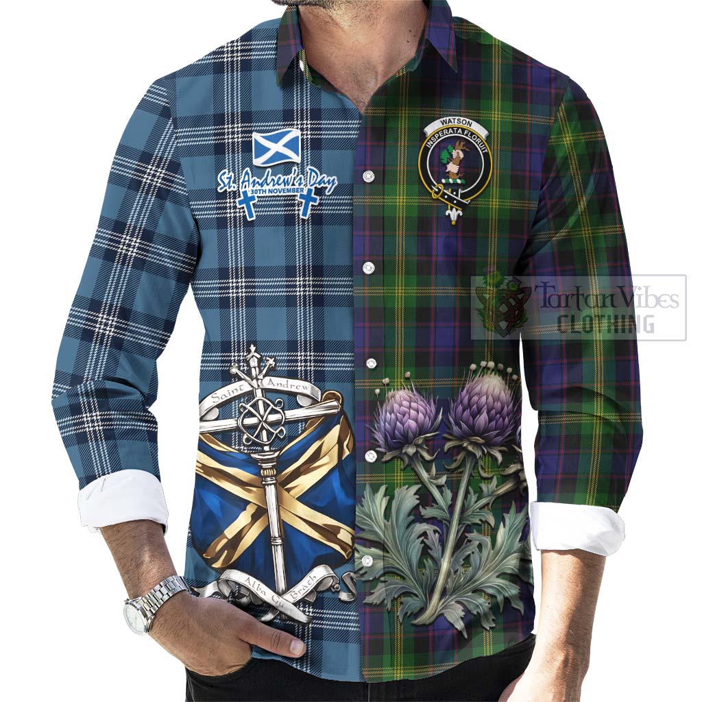 Tartan Vibes Clothing Watson Tartan Long Sleeve Button Shirt Happy St. Andrew's Day Half Tartan Style