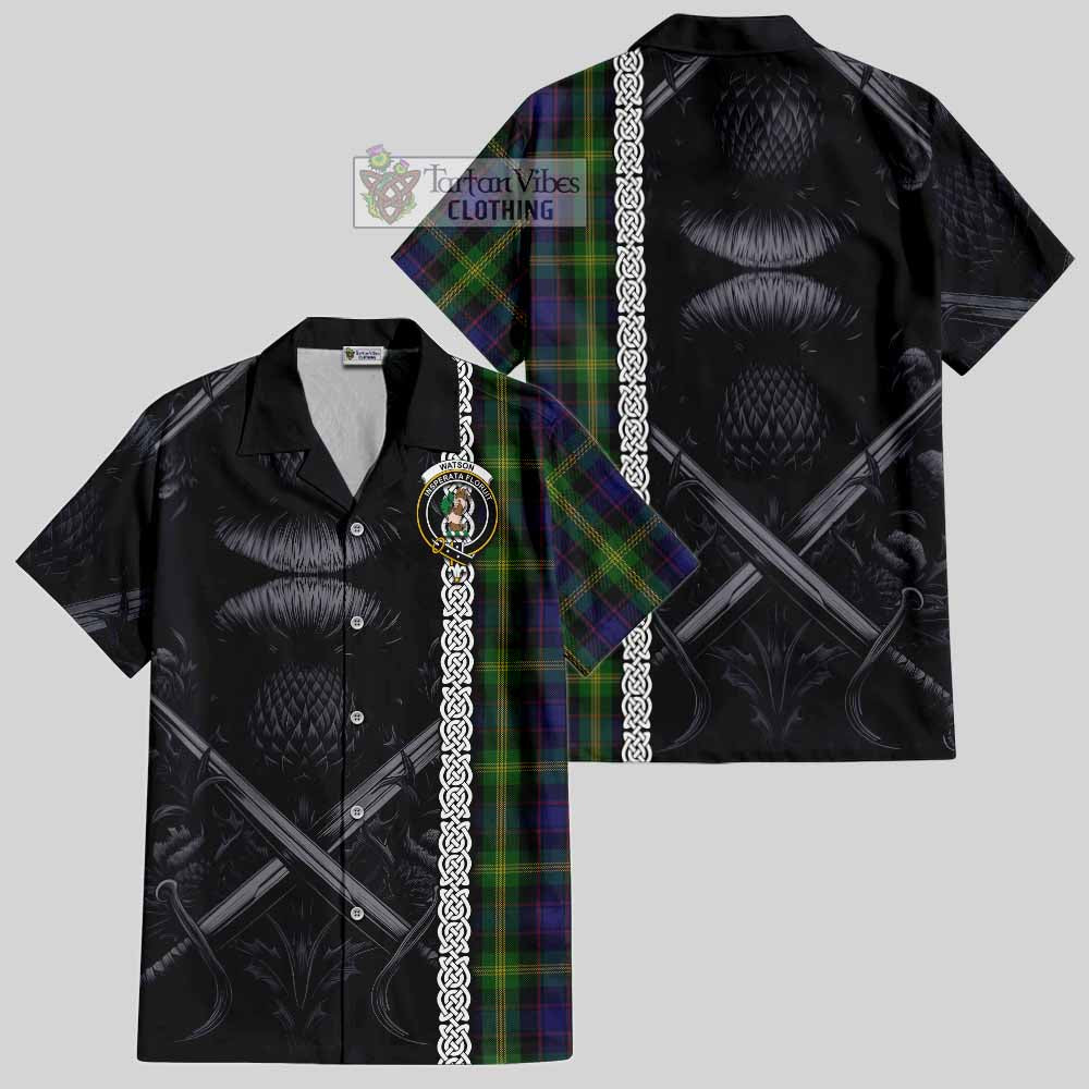 Tartan Vibes Clothing Watson Tartan Short Sleeve Button Shirt with Family Crest Cross Sword Thistle Celtic Vibes