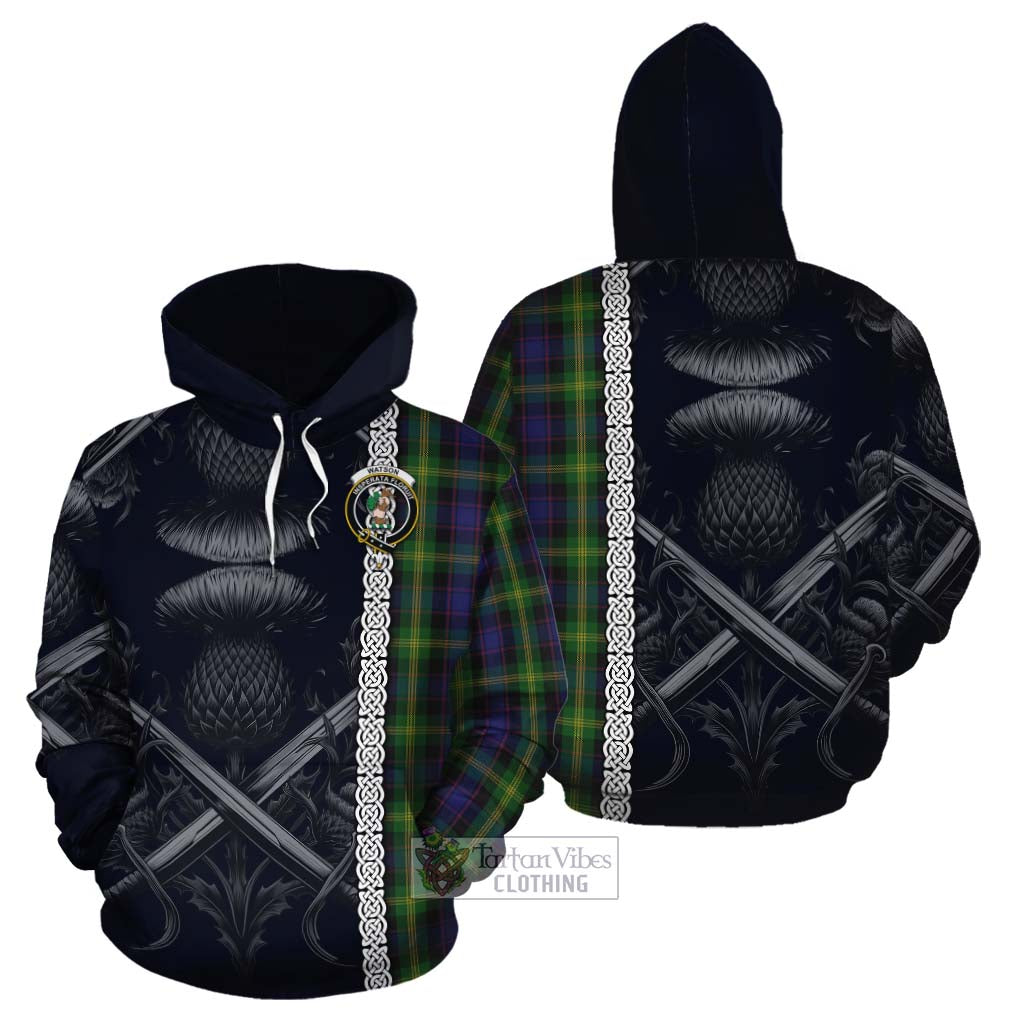 Tartan Vibes Clothing Watson Tartan Cotton Hoodie with Family Crest Cross Sword Thistle Celtic Vibes