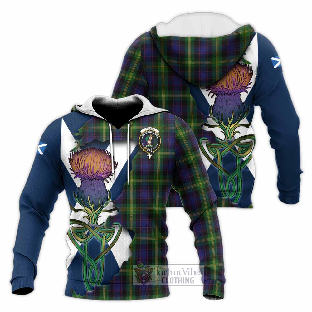 Tartan Vibes Clothing Watson Tartan Family Crest Knitted Hoodie Scottish Thistle Celtic Inspired