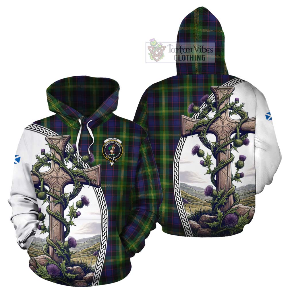 Tartan Vibes Clothing Watson Tartan Cotton Hoodie with Family Crest and St. Andrew's Cross Accented by Thistle Vines