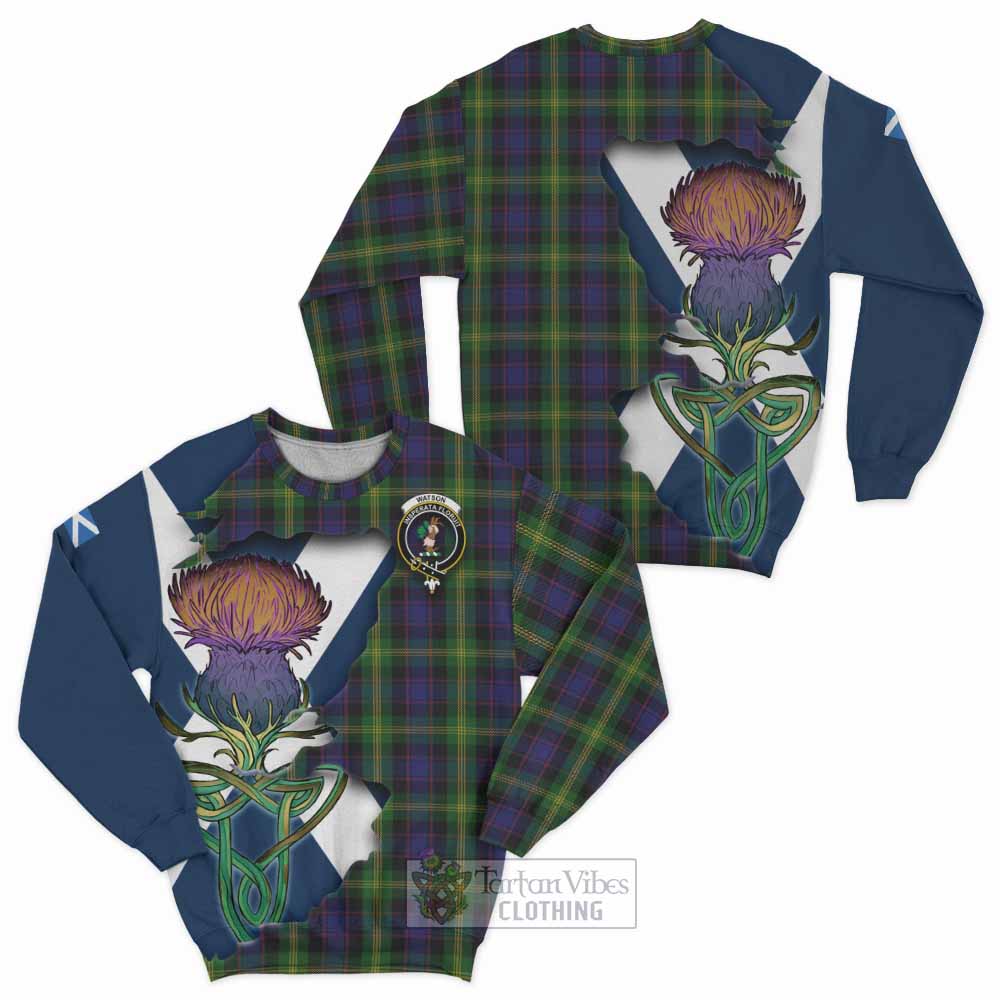 Tartan Vibes Clothing Watson Tartan Family Crest Sweatshirt Scottish Thistle Celtic Inspired