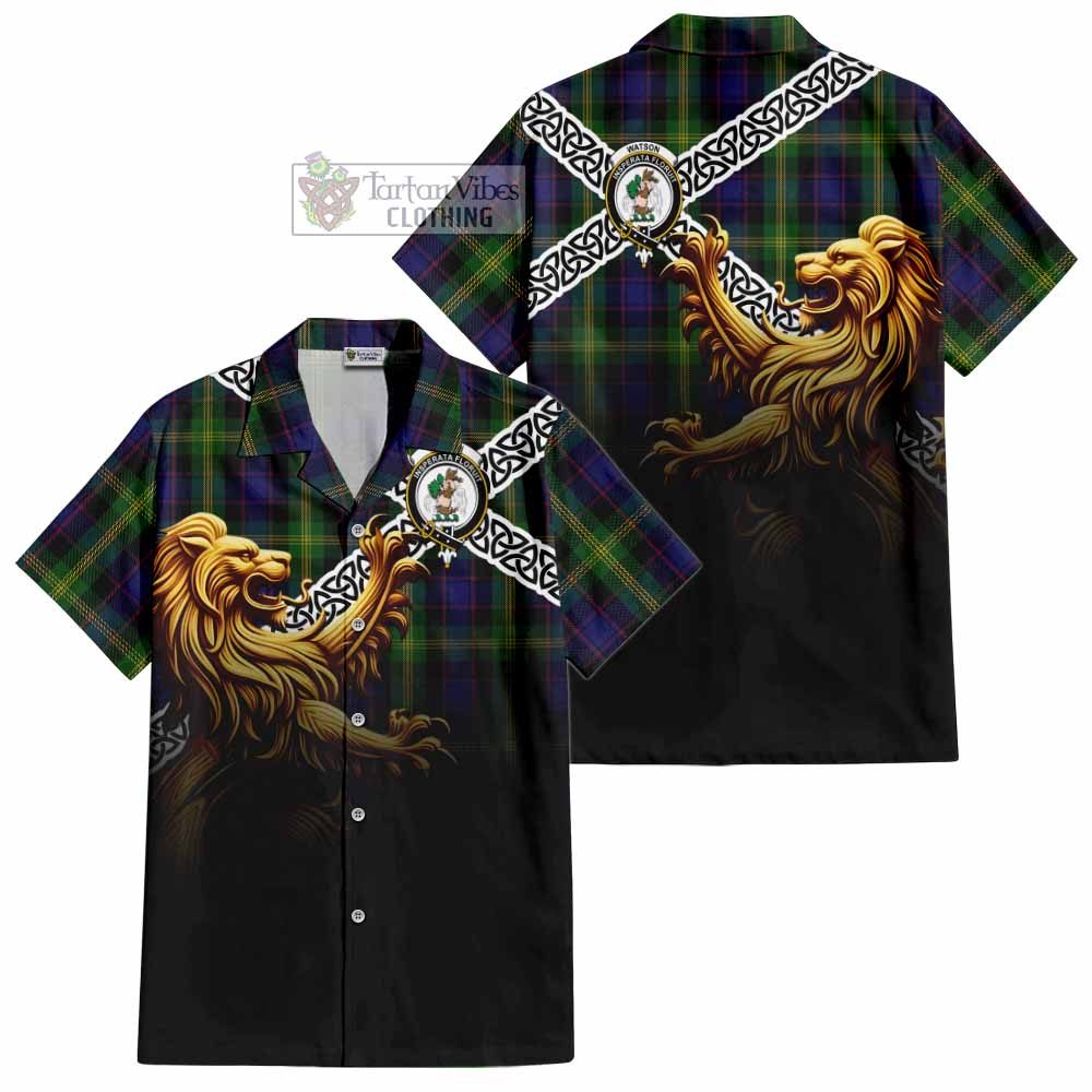 Tartan Vibes Clothing Watson Crest Tartan Short Sleeve Button Shirt with Golden Lion Emblem Celtic Style