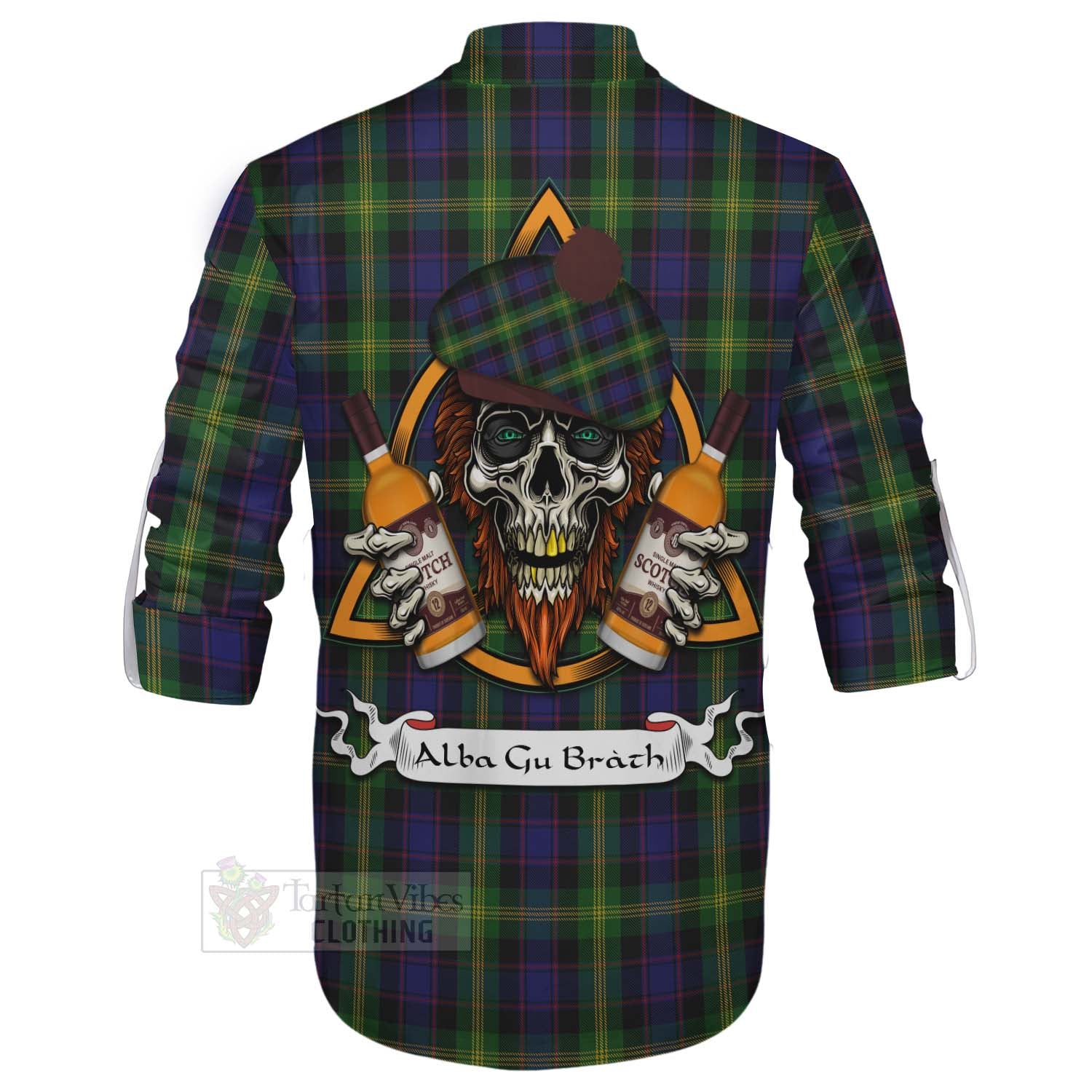 Tartan Vibes Clothing Watson Tartan Ghillie Kilt Shirt with Family Crest and Bearded Skull Holding Bottles of Whiskey