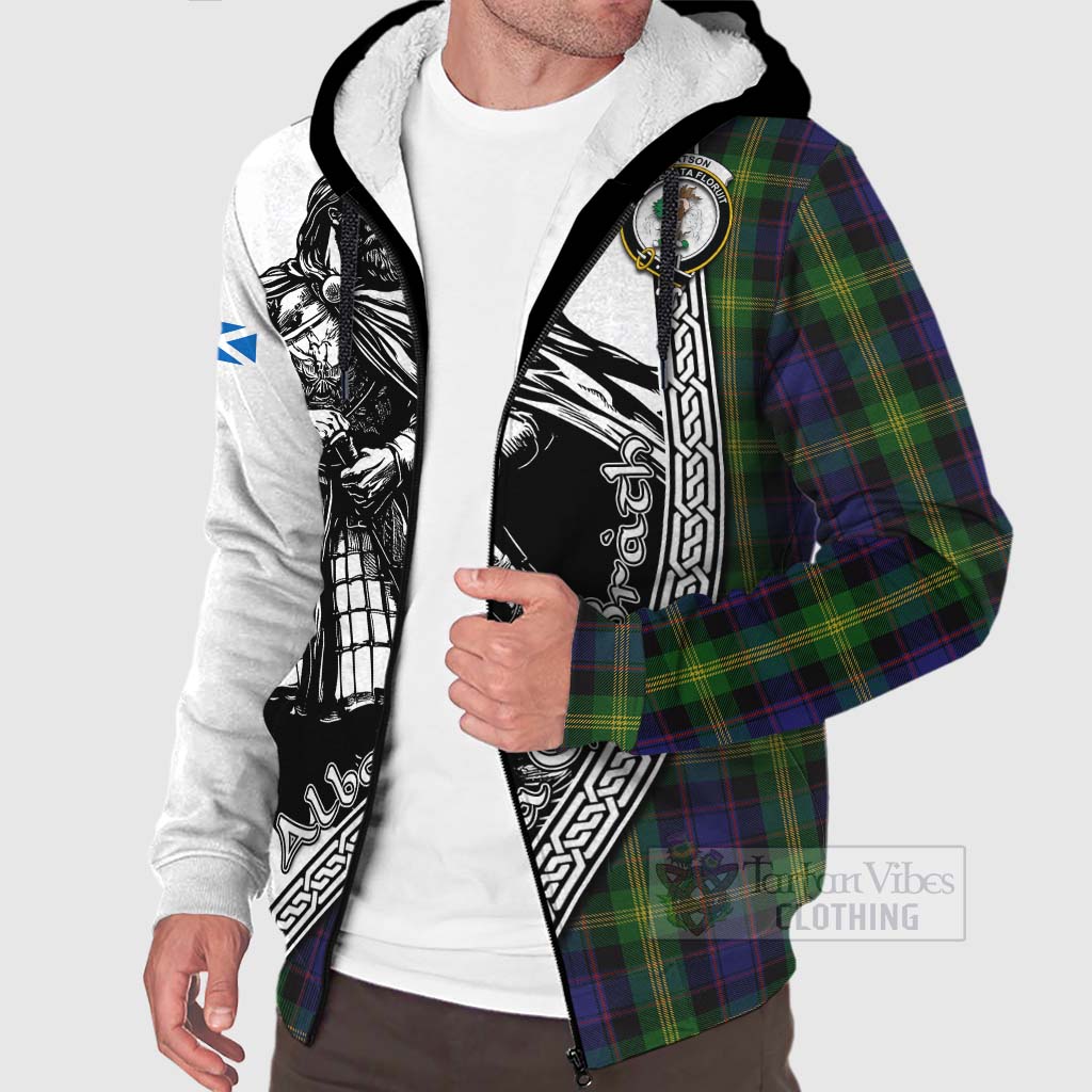 Tartan Vibes Clothing Watson Tartan Clan Crest Sherpa Hoodie with Highlander Warrior Celtic Style