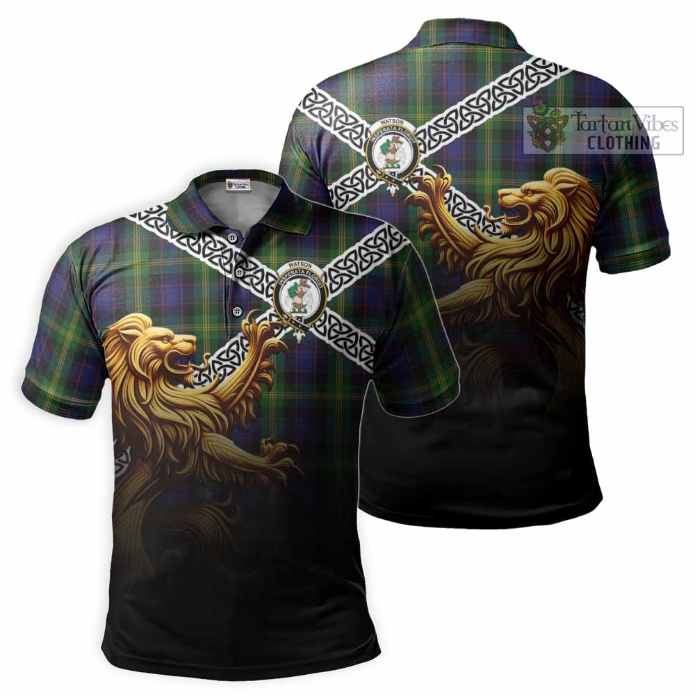 Watson Crest Tartan Polo Shirt with Golden Lion Emblem Celtic Style - Tartan Vibes Clothing