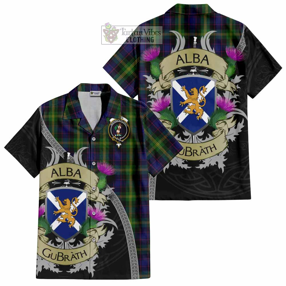 Tartan Vibes Clothing Watson Tartan Family Crest Short Sleeve Button Shirt Lion Rampant Royal Thistle Shield Celtic Inspired