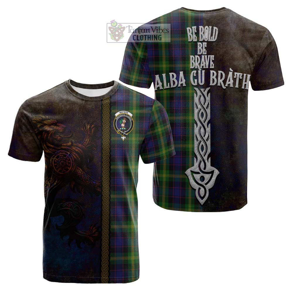 Tartan Vibes Clothing Watson Tartan Family Crest Cotton T-shirt Alba Gu Brath Be Brave Lion Ancient Style