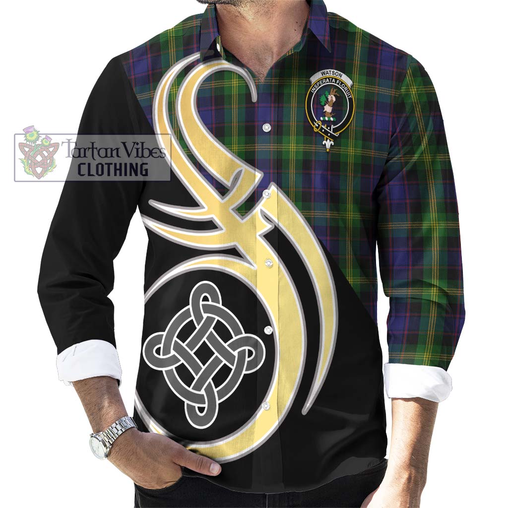 Watson Tartan Long Sleeve Button Shirt with Family Crest and Celtic Symbol Style - Tartan Vibes Clothing