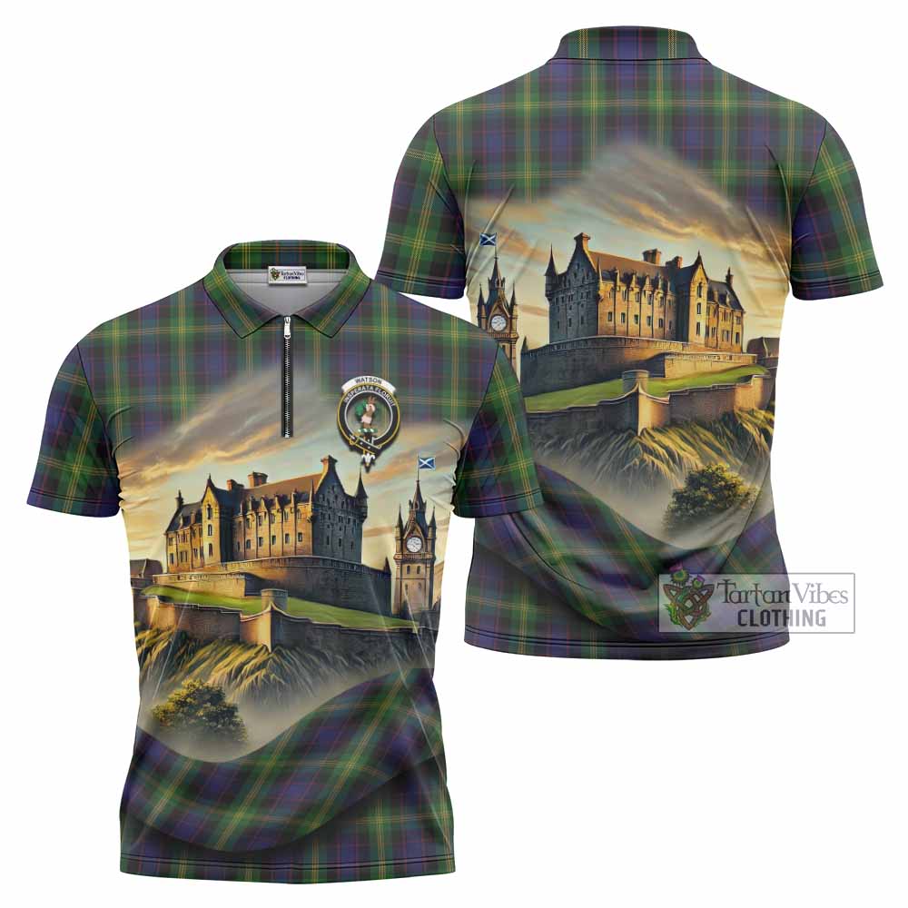 Tartan Vibes Clothing Watson Tartan Family Crest Zipper Polo Shirt with Scottish Ancient Castle Stype