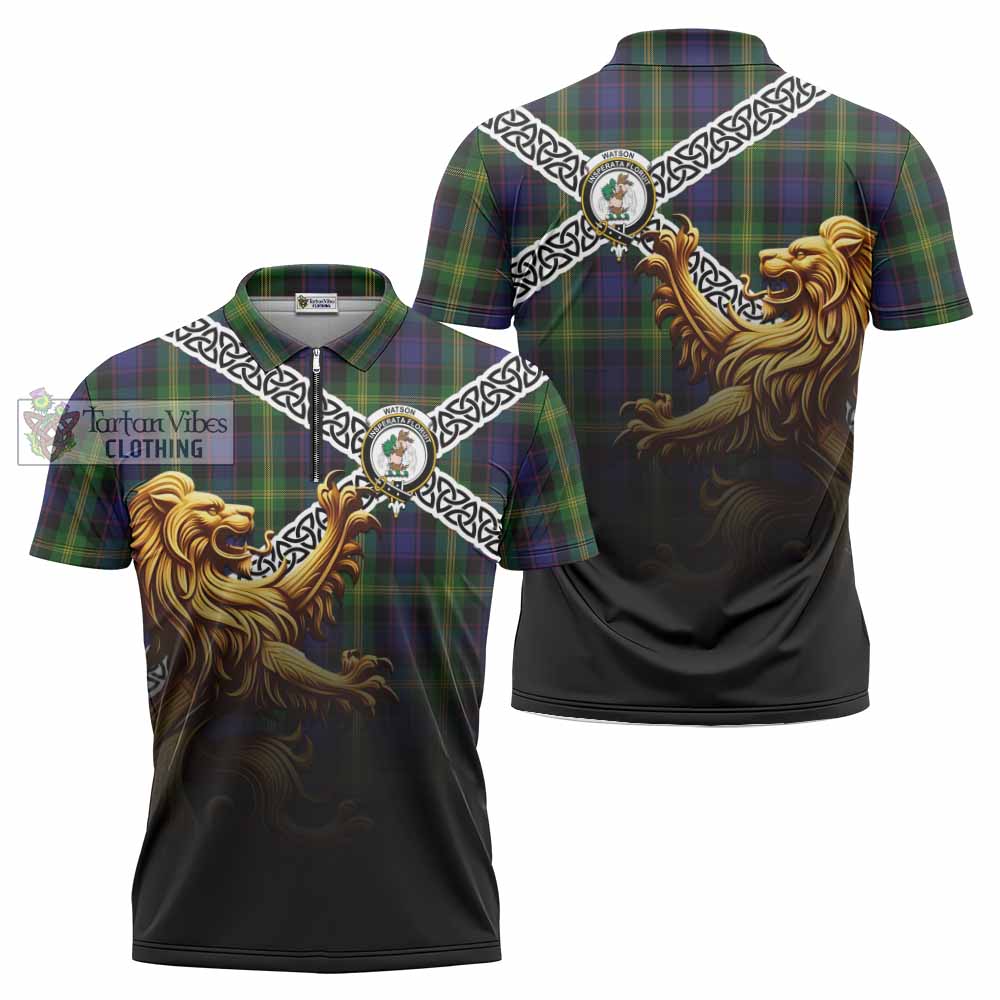 Tartan Vibes Clothing Watson Crest Tartan Zipper Polo Shirt with Golden Lion Emblem Celtic Style