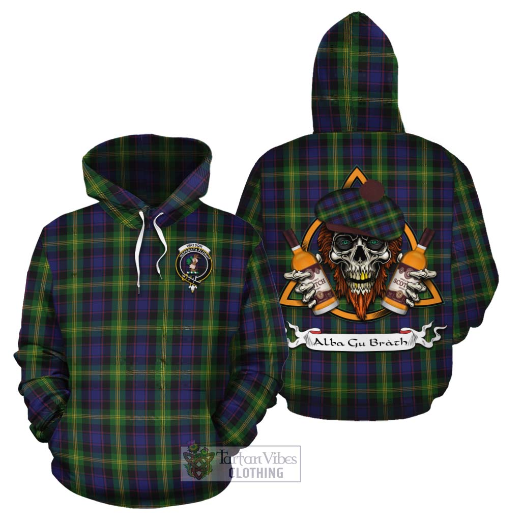 Tartan Vibes Clothing Watson Tartan Cotton Hoodie with Family Crest and Bearded Skull Holding Bottles of Whiskey
