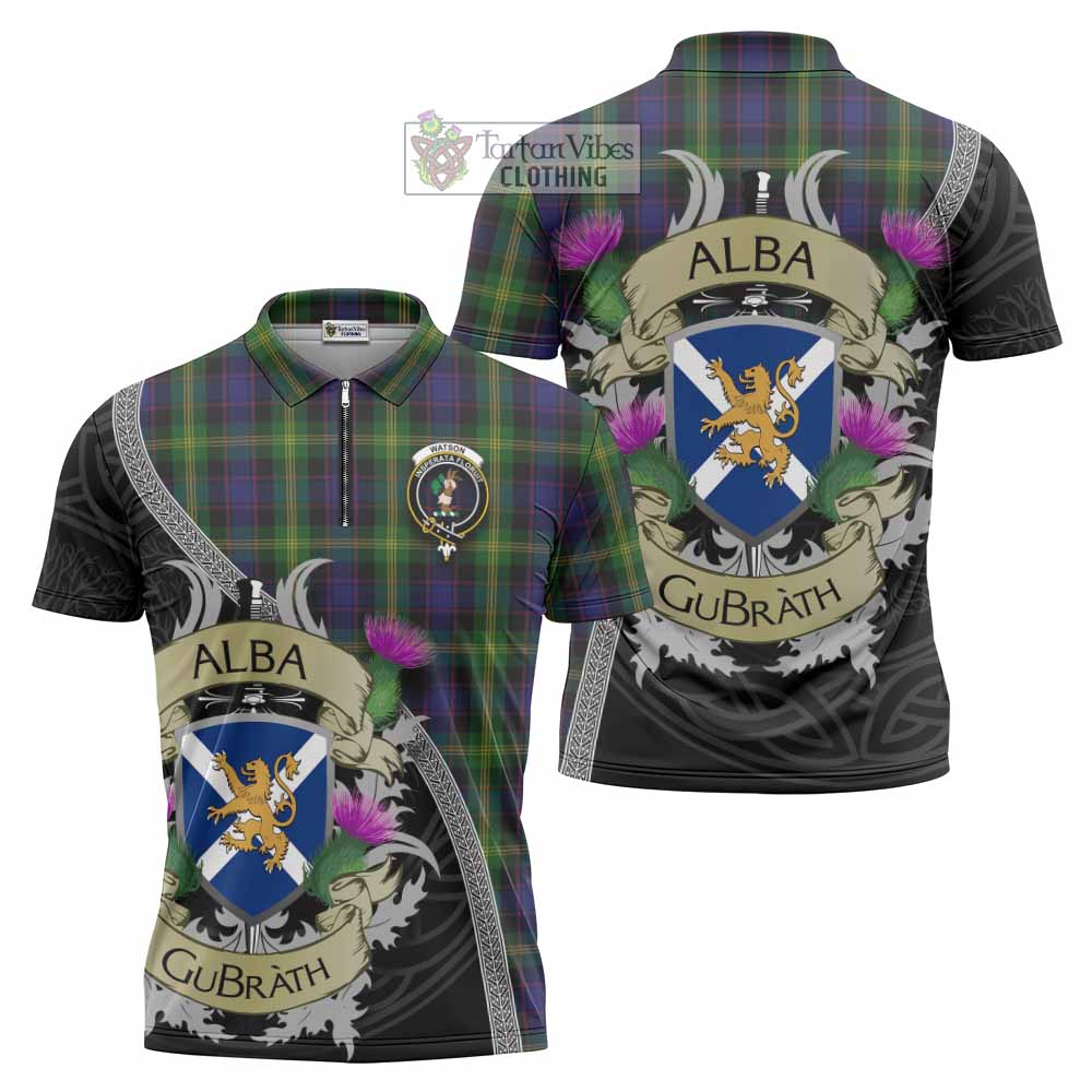 Tartan Vibes Clothing Watson Tartan Family Crest Zipper Polo Shirt Lion Rampant Royal Thistle Shield Celtic Inspired