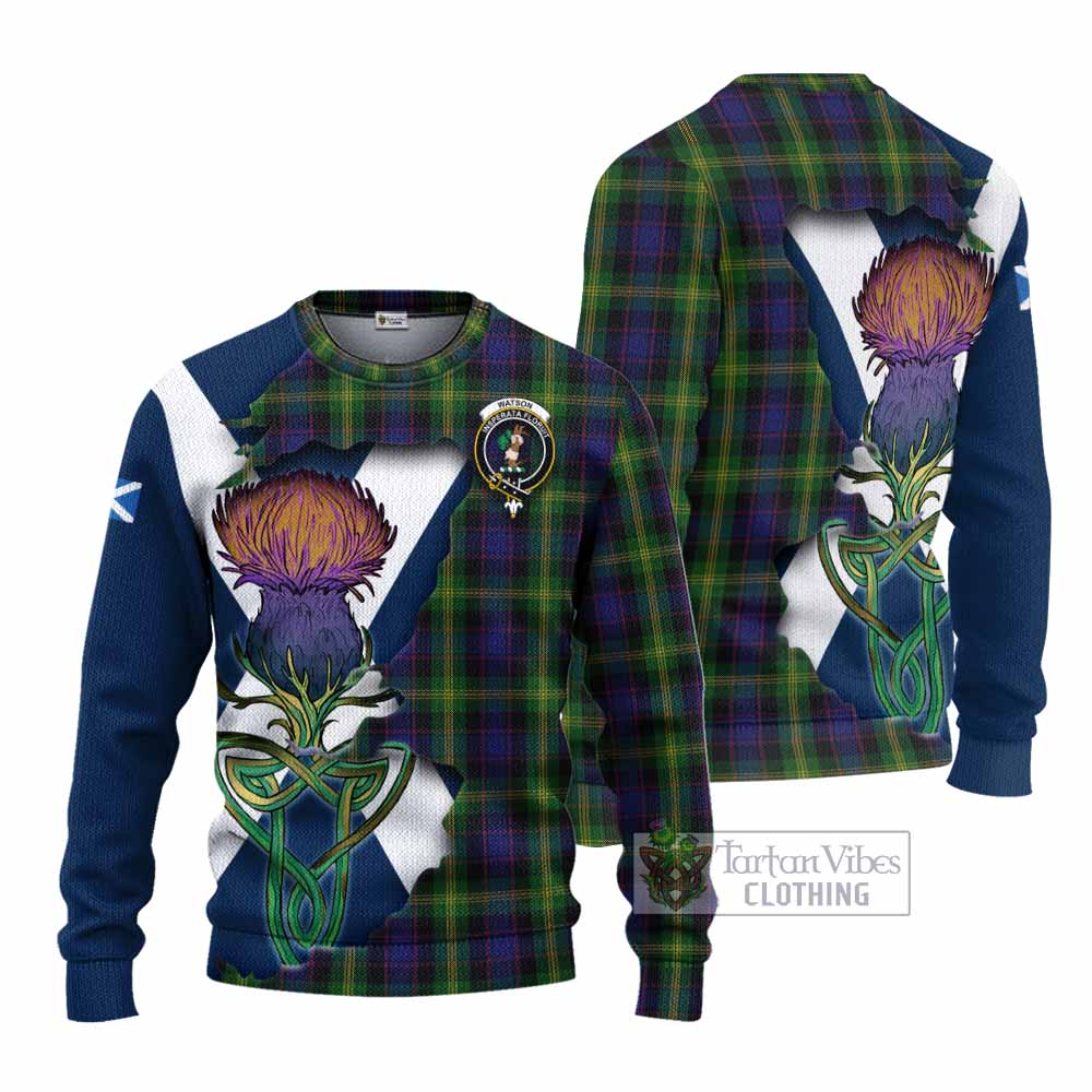 Tartan Vibes Clothing Watson Tartan Family Crest Knitted Sweater Scottish Thistle Celtic Inspired