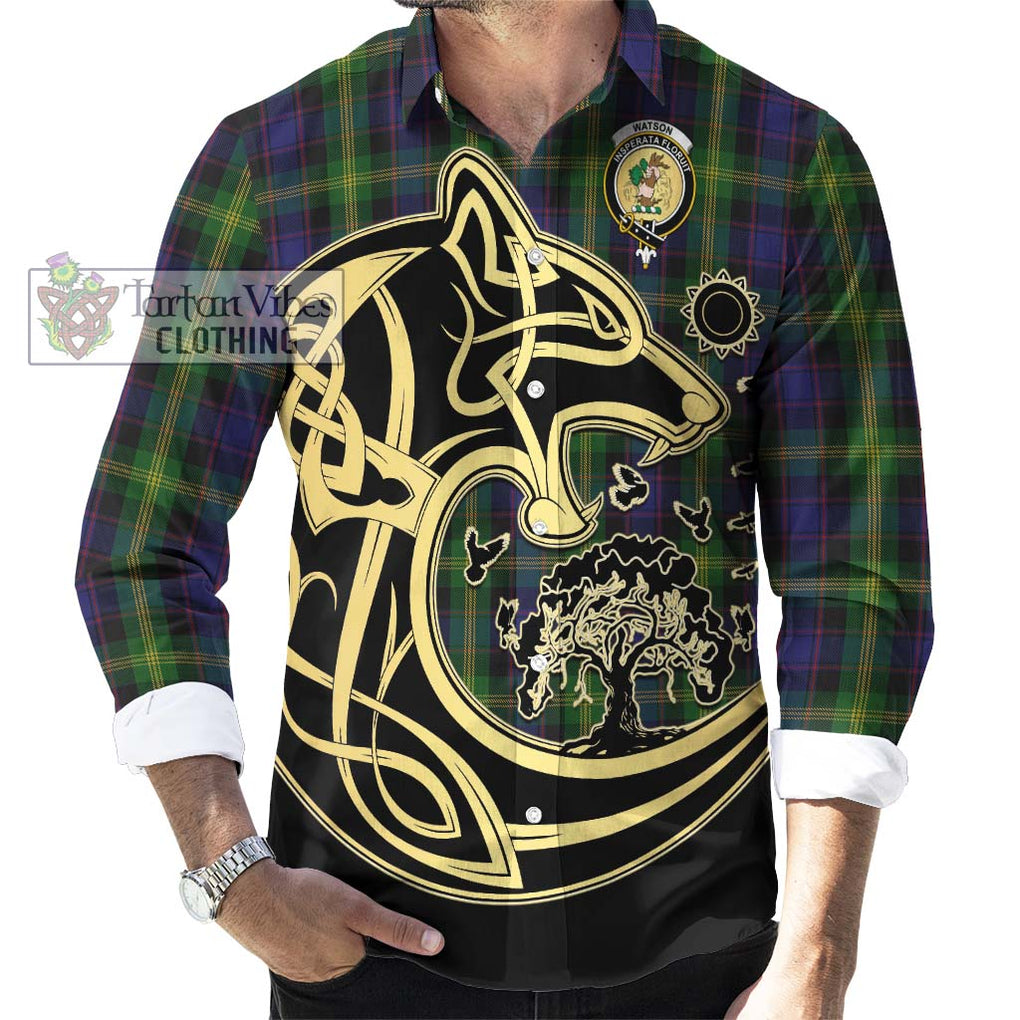 Watson Tartan Long Sleeve Button Shirt with Family Crest Celtic Wolf Style - Tartan Vibes Clothing