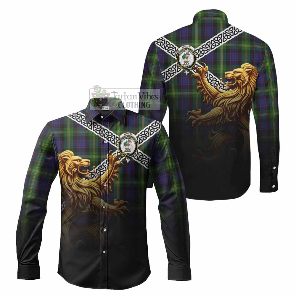 Tartan Vibes Clothing Watson Crest Tartan Long Sleeve Button Shirt with Golden Lion Emblem Celtic Style