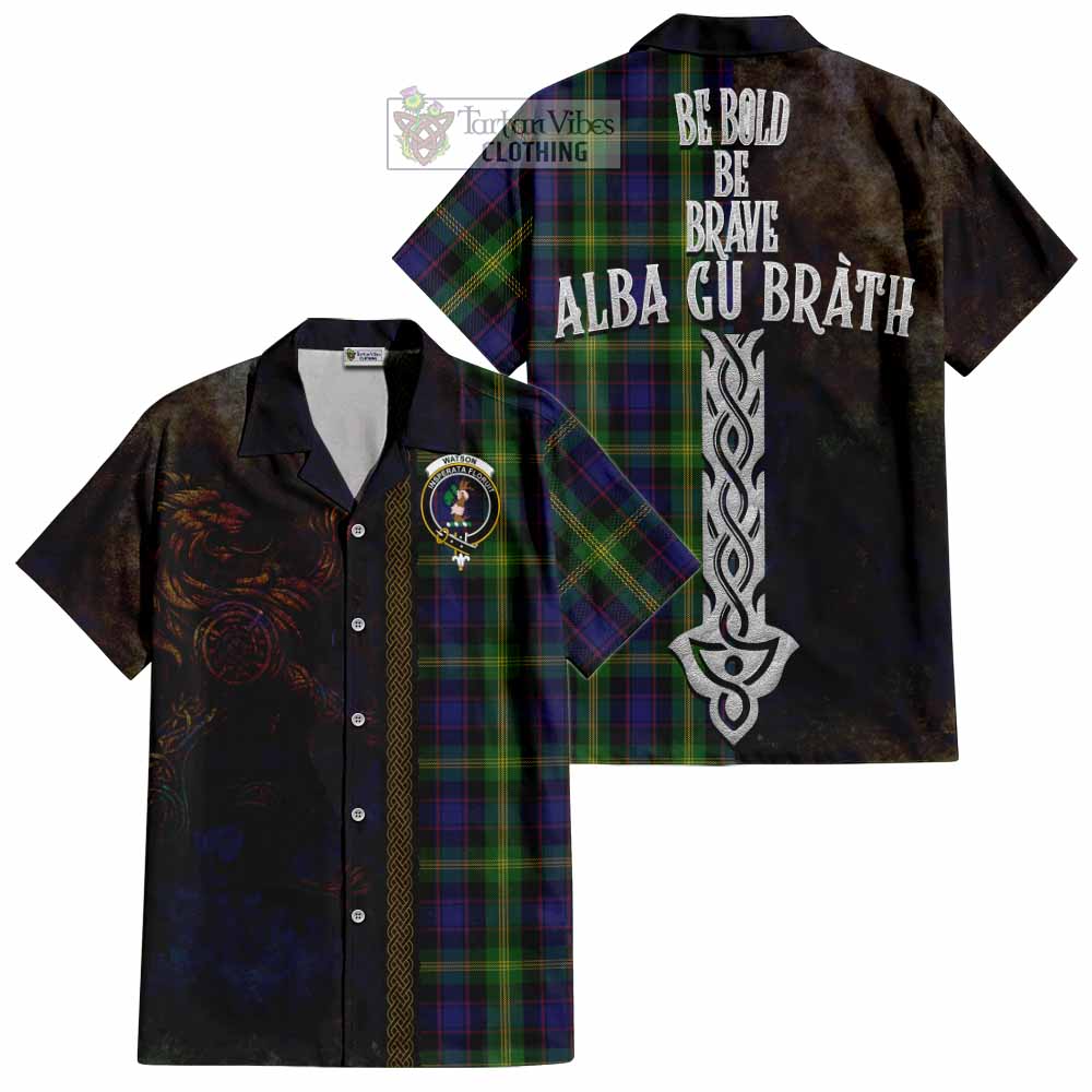 Tartan Vibes Clothing Watson Tartan Family Crest Short Sleeve Button Shirt Alba Gu Brath Be Brave Lion Ancient Style