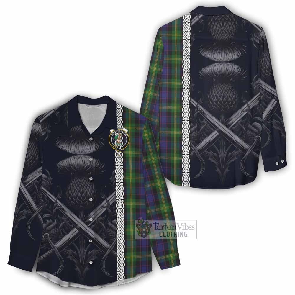 Tartan Vibes Clothing Watson Tartan Women's Casual Shirt with Family Crest Cross Sword Thistle Celtic Vibes