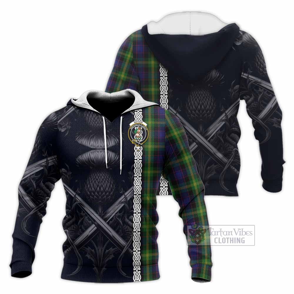 Tartan Vibes Clothing Watson Tartan Knitted Hoodie with Family Crest Cross Sword Thistle Celtic Vibes