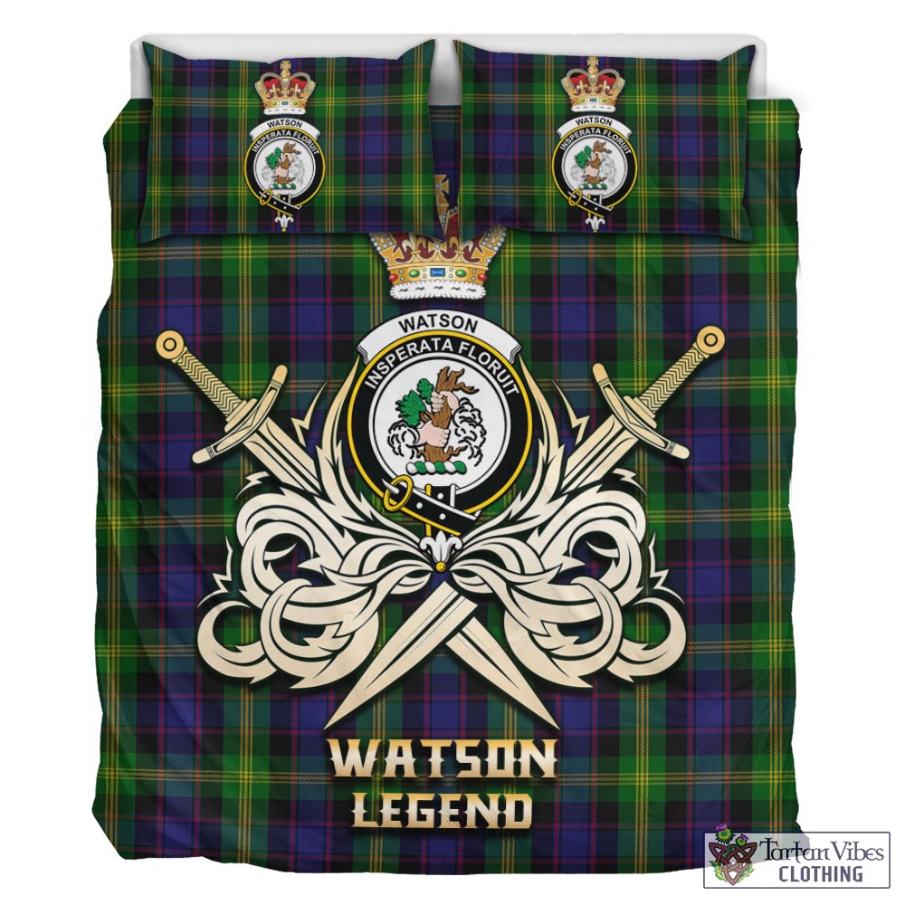 Tartan Vibes Clothing Watson Tartan Bedding Set with Clan Crest and the Golden Sword of Courageous Legacy