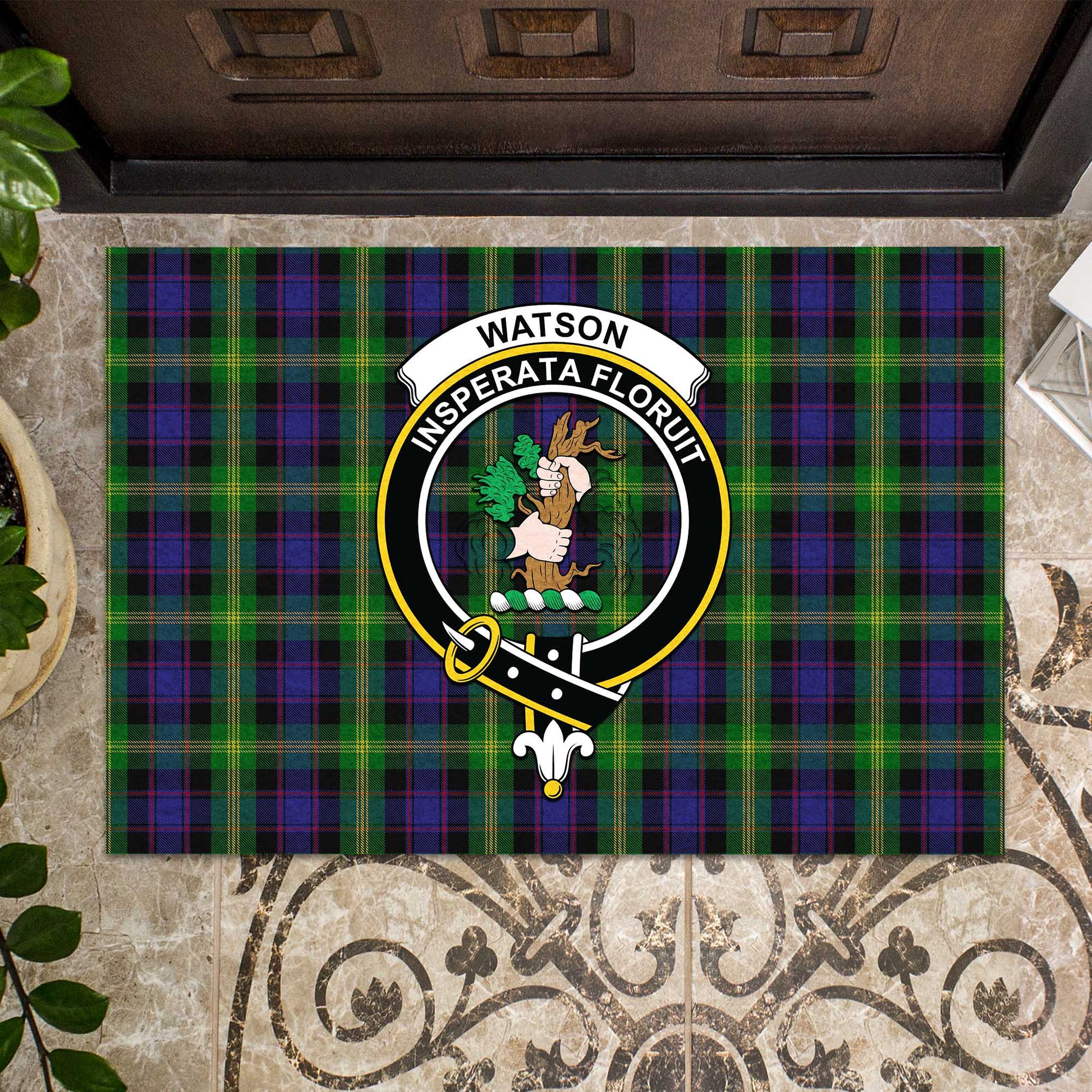 Watson Tartan Door Mat with Family Crest - Tartanvibesclothing Shop
