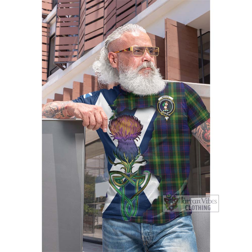 Tartan Vibes Clothing Watson Tartan Family Crest Cotton T-shirt Scottish Thistle Celtic Inspired