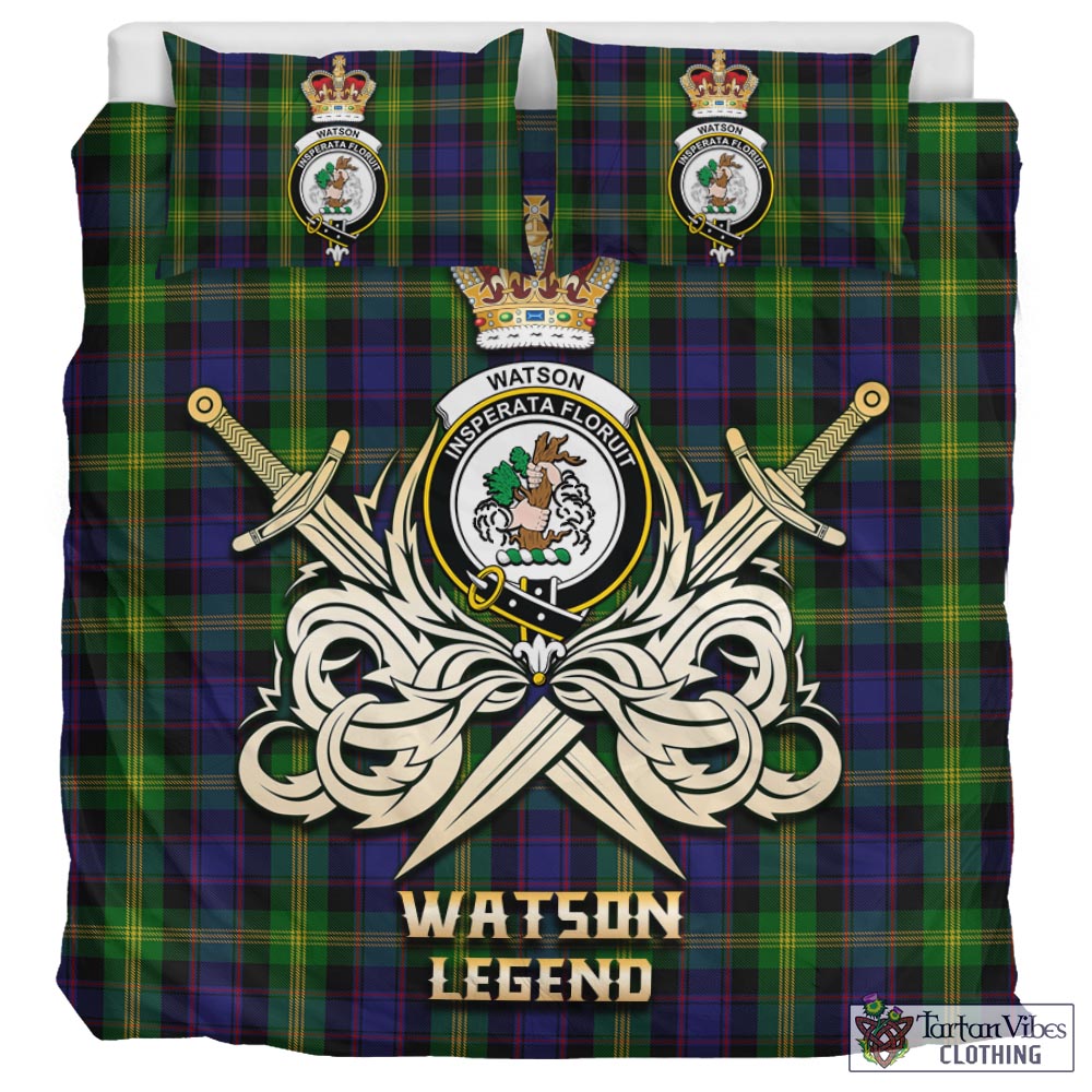 Tartan Vibes Clothing Watson Tartan Bedding Set with Clan Crest and the Golden Sword of Courageous Legacy