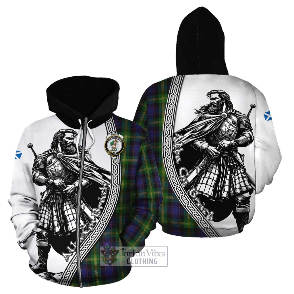 Watson Tartan Clan Crest Cotton Hoodie with Highlander Warrior Celtic Style - Tartan Vibes Clothing