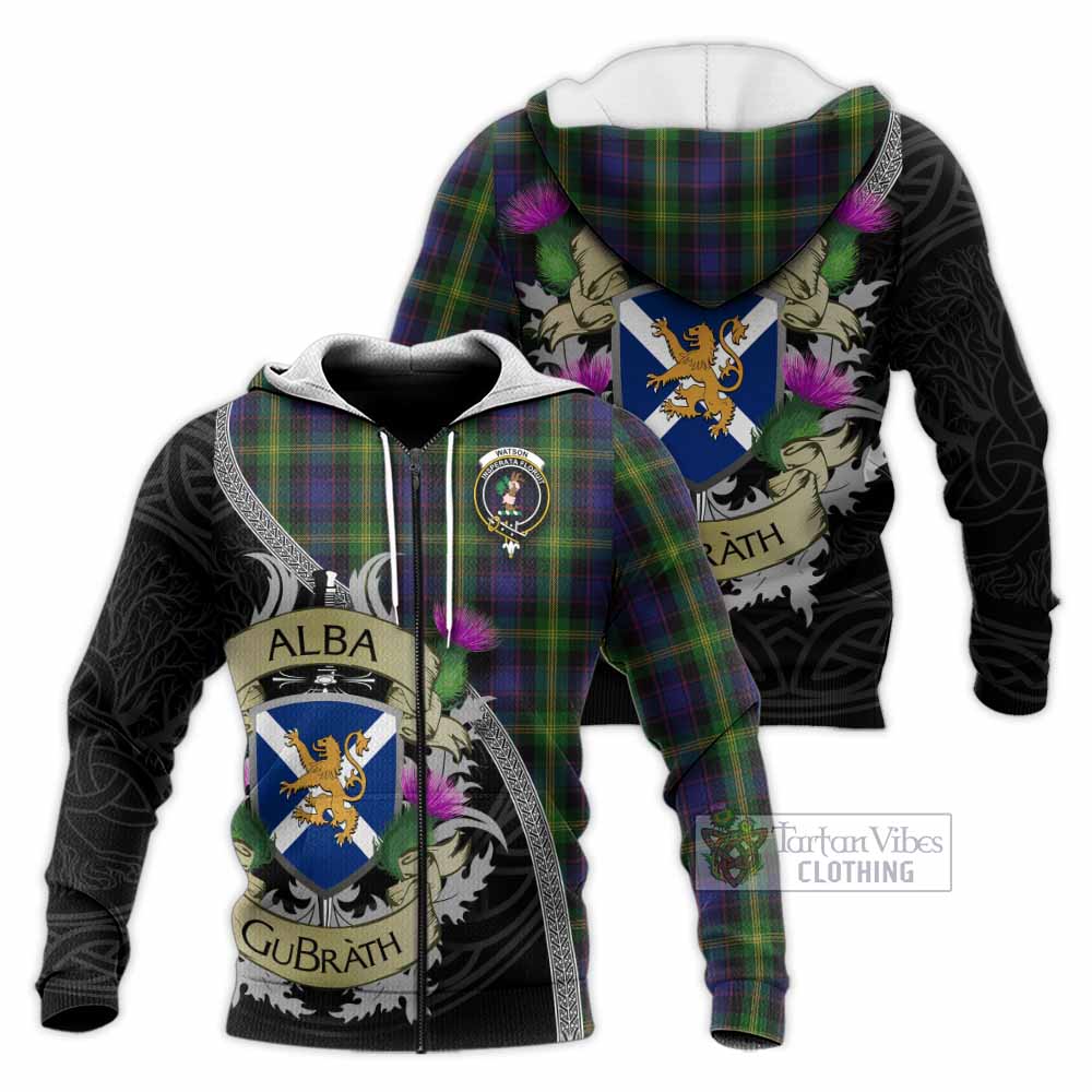 Tartan Vibes Clothing Watson Tartan Family Crest Knitted Hoodie Lion Rampant Royal Thistle Shield Celtic Inspired