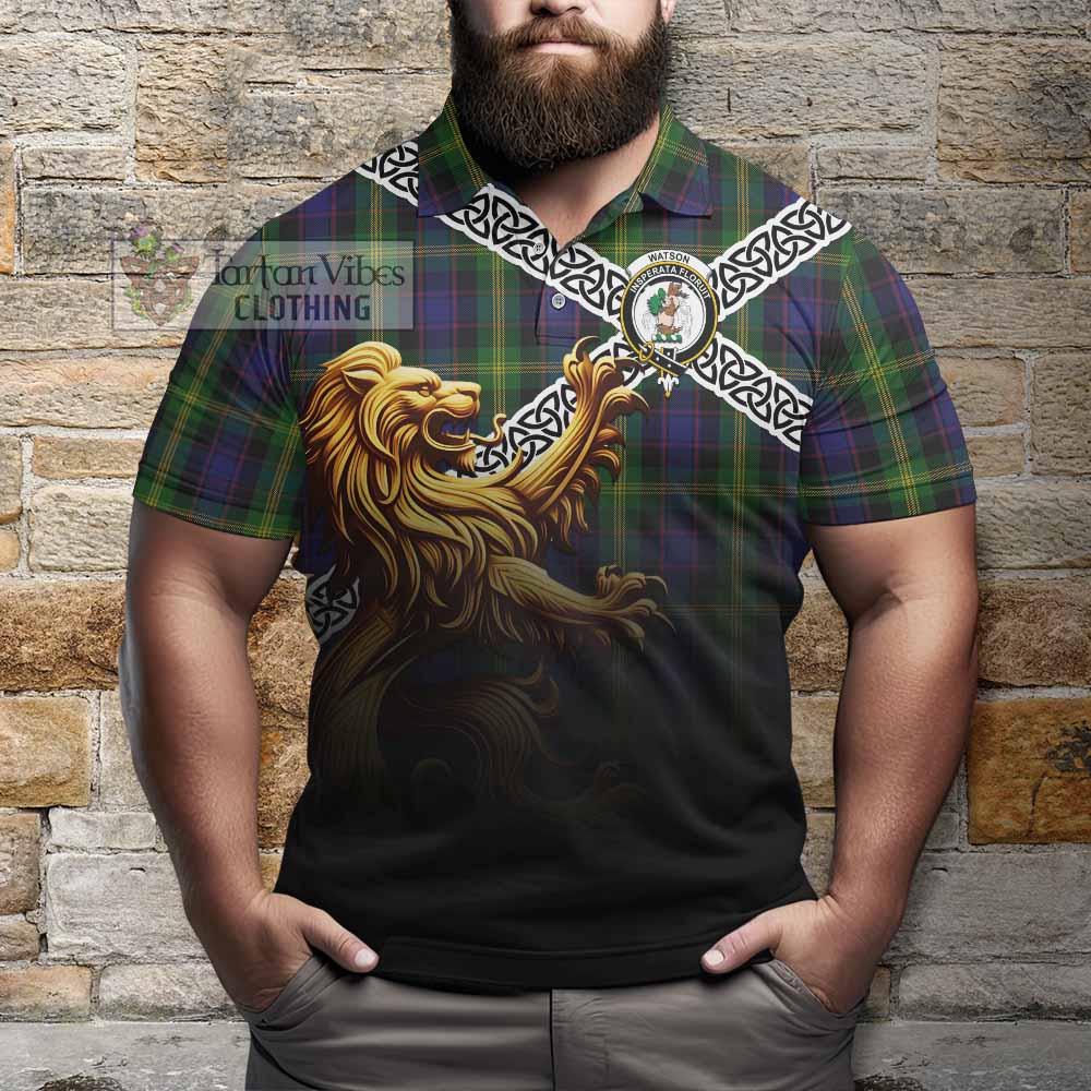 Watson Crest Tartan Polo Shirt with Golden Lion Emblem Celtic Style - Tartan Vibes Clothing