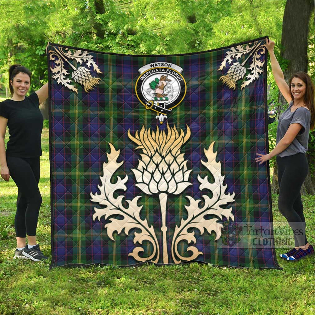 Watson Tartan Quilt with Family Crest and Golden Thistle Style - Tartan Vibes Clothing